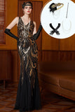 Vestido largo de los años 20 con set de accesorios de 4 piezas con lentejuelas doradas negras de lentejuelas, de tul sirena