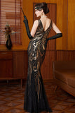 Vestido largo de los años 20 con set de accesorios de 4 piezas con lentejuelas doradas negras de lentejuelas, de tul sirena