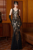 Vestido largo de los años 20 con set de accesorios de 4 piezas con lentejuelas doradas negras de lentejuelas, de tul sirena