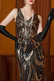 Vestido largo de los años 20 con set de accesorios de 4 piezas con lentejuelas doradas negras de lentejuelas, de tul sirena
