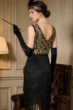 Vestido midi de los años 20 con escote redondo negro dorado y funda de cuello, flecos y conjuntos de accesorios de 5 piezas