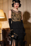 Vestido midi de los años 20 con escote redondo negro dorado y funda de cuello, flecos y conjuntos de accesorios de 5 piezas