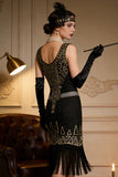 Vestido midi de los años 20 con cuello redondo dorado negro y lentejuelas redondas con flecos y accesorios de 4 piezas