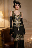 Vestido midi de los años 20 con cuello redondo dorado negro y lentejuelas redondas con flecos y accesorios de 4 piezas