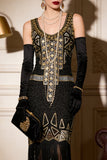 Vestido midi de los años 20 con cuello redondo dorado negro y lentejuelas redondas con flecos y accesorios de 4 piezas