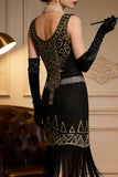 Vestido midi de los años 20 con cuello redondo dorado negro y lentejuelas redondas con flecos y accesorios de 4 piezas