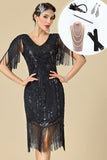 Vestido negro de los años 20 con escote en V y funda con cuentas, lentejuelas, flecos y conjunto de accesorios de 5 piezas