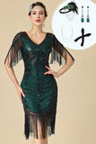 Vestido midi de los años 20 con escote en V negro verde y lentejuelas con flecos y fleco y conjunto de accesorios de 4 piezas