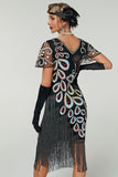 Vestido bodycon midi de los años 20 con escote en V negro con cuello en V con cuentas y flecos y conjunto de accesorios de 5 piezas