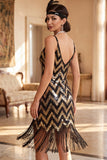 Vestido de los años 20 con tirantes finos dorados y negros con flecos y conjunto de accesorios de 5 piezas