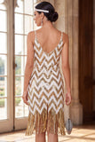 Vestido bodycon de los años 20 con tirantes finos dorados blancos y lentejuelas, con flecos y 5 piezas