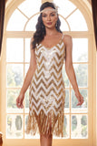 Vestido bodycon de los años 20 con tirantes finos dorados blancos y lentejuelas, con flecos y 5 piezas