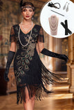 Vestido negro de lentejuelas en V Bodycon Midi de los años 20 con conjunto de accesorios de 5 piezas