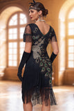 Vestido negro de lentejuelas en V Bodycon Midi de los años 20 con conjunto de accesorios de 5 piezas