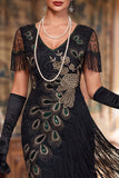 Vestido negro de lentejuelas en V Bodycon Midi de los años 20 con conjunto de accesorios de 5 piezas