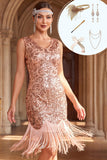 Vestido bodycon de los años 20 con flecos y flecos color rosa rosa y accesorios de 5 piezas