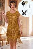 Vestido dorado brillante de cuello redondo con lentejuelas de los años 20 con conjunto de accesorios de 4 piezas