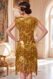 Vestido dorado brillante de cuello redondo con lentejuelas de los años 20 con conjunto de accesorios de 4 piezas