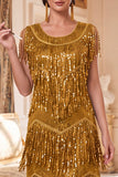 Vestido dorado brillante de cuello redondo con lentejuelas de los años 20 con conjunto de accesorios de 4 piezas