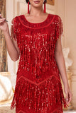 Conjunto de accesorios de los años 20 con cuello redondo rojo de flecos y escaleras