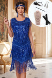 Vestido midi de los años 20 azul real con escote redondo, volantes, con conjunto de accesorios de 5 piezas