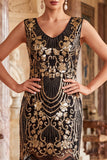 Vestido Bodycon de los años 20 con cuello en V y lentejuelas doradas negras con flecos y conjunto de accesorios de 5 piezas