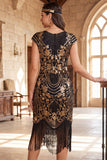 Vestido bodycon midi de los años 20 con un cuello redondo dorado y lentejuelas con flecos y conjunto de accesorios de 4 piezas