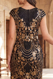 Vestido bodycon midi de los años 20 con un cuello redondo dorado y lentejuelas con flecos y conjunto de accesorios de 4 piezas