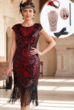 Vestido midi de los años 20 con escote redondo negro rojo y flecos y conjunto de accesorios de 5 piezas