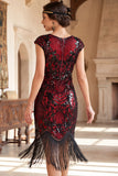Vestido midi de los años 20 con escote redondo negro rojo y flecos y conjunto de accesorios de 5 piezas