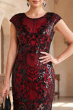 Vestido midi de los años 20 con escote redondo negro rojo y flecos y conjunto de accesorios de 5 piezas