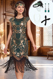 Vestido midi de los años 20 con cuello redondo verde dorado y flecos con lentejuelas, con conjunto de accesorios de 4 piezas