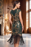 Vestido midi de los años 20 con cuello redondo verde dorado y flecos con lentejuelas, con conjunto de accesorios de 4 piezas