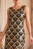 Vestido negro dorado de cuello redondo con lentejuelas con flecos y conjunto de accesorios de 5 piezas