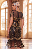 Vestido negro dorado de lentejuelas con escote en V Midi de los años 20 con conjunto de accesorios de 5 piezas
