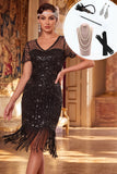 Vestido midi de los años 20 con escote en V y lentejuelas negras con flecos y conjunto de accesorios de 5 piezas