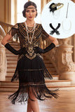 Vestido midi de los años 20 con fleco y flecos negros con cuello redondo y lentejuelas