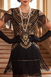 Vestido midi de los años 20 con fleco y flecos negros con cuello redondo y lentejuelas