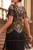 Vestido midi de los años 20 con fleco y flecos negros con cuello redondo y lentejuelas