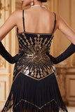 Vestido de los años 20 con escote en V dorado negro con escote en V, tirantes finos, con flecos y accesorios de 5 piezas