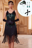 Vestido de los años 20 con lentejuelas bodycon color negro verde, tirantes finos con flecos, con accesorios de 4 piezas