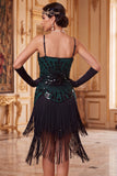 Vestido de los años 20 con lentejuelas bodycon color negro verde, tirantes finos con flecos, con accesorios de 4 piezas