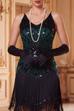 Vestido de los años 20 con lentejuelas bodycon color negro verde, tirantes finos con flecos, con accesorios de 4 piezas
