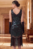Vestido bodycon escote en V con flecos y negro verde brillante con conjunto de accesorios de 4 piezas
