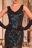 Vestido bodycon escote en V con flecos y negro verde brillante con conjunto de accesorios de 4 piezas