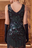 Vestido bodycon escote en V con flecos y negro verde brillante con conjunto de accesorios de 4 piezas