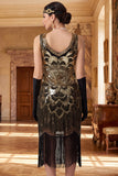 Vestido de los años 20 con escote en V y lentejuelas doradas negras, con flecos y conjunto de accesorios de 4 piezas