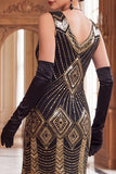 Vestido bodycon ajustado de los años 20 con escote en V y lentejuelas doradas negras con flecos y conjunto de accesorios de 5 piezas