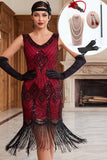Vestido bodycon de los años 20 con flecos y flecos negros con jersey y conjunto de accesorios de 5 piezas