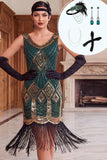 Vestido bodycon midi de los años 20 con escote en V con flecos y flecos verdes de lentejuelas doradas con conjunto de accesorios de 4 piezas